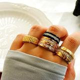 12mm Wide Crystal Stainless Steel Ring Vintage Thick CZ Finger Ring