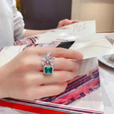 Silver Flower Lab Emerald Adjustable Ring for Women