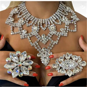 Adjustable Rhinestone Flower Wedding Ring, Crystal Round Open Finger Jewelry