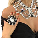 Adjustable Rhinestone Flower Wedding Ring, Crystal Round Open Finger Jewelry