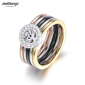 Colorful CZ Crystal Life Tree Rings Titanium Steel Wedding Engagement