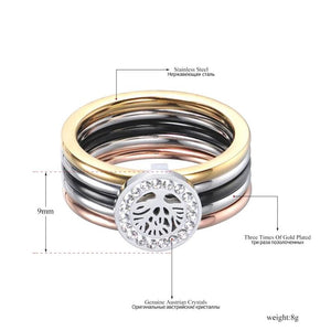 Colorful CZ Crystal Life Tree Rings Titanium Steel Wedding Engagement