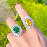 Square Green Cubic Zircon Crystal Silver Plated Adjustable Open Ring