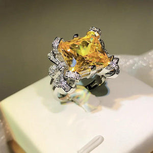 Yellow Crystal CZ Stone Ring Silver Wedding Statement Party Jewelry
