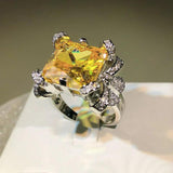 Yellow Crystal CZ Stone Ring Silver Wedding Statement Party Jewelry