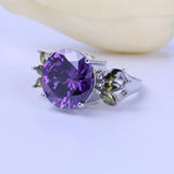 Purple Crystal Rings With Green Leaves 14mm CZ Wedding Engagement Rings