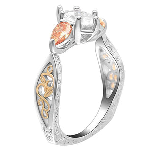 Orange Zircon Water Drop Ring Silver Flower Jewelry