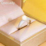 Adjustable CZ Pave Engagement Wedding Pearl Ring Silver Jewelry