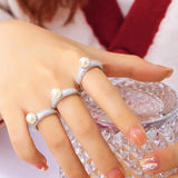 Adjustable CZ Pave Engagement Wedding Pearl Ring Silver Jewelry