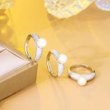Adjustable CZ Pave Engagement Wedding Pearl Ring Silver Jewelry