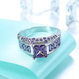 Square Cz Zirconia Silver Ring Pink/Purple/Blue