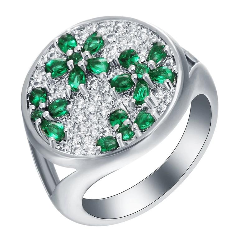 Hainon Flower Finger Ring for Women Green CZ Gem Silver Wedding Engagement Rings