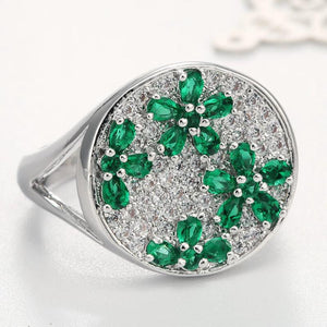 Hainon Flower Finger Ring for Women Green CZ Gem Silver Wedding Engagement Rings