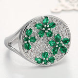 Hainon Flower Finger Ring for Women Green CZ Gem Silver Wedding Engagement Rings