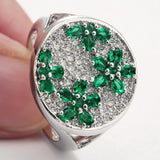 Hainon Flower Finger Ring for Women Green CZ Gem Silver Wedding Engagement Rings