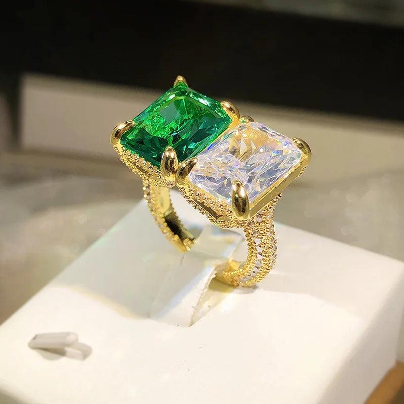 Big Double Stone Yellow Wedding Band Ring Female Adjustable Finger Ring