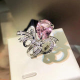 Big Bowknot Open Ring Bling Pink Cubic Zirconia Ring