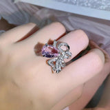 Big Bowknot Open Ring Bling Pink Cubic Zirconia Ring