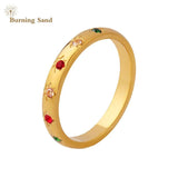 Burning Sand Style Titanium Steel Plain Ring Inlaid Red Green Zircon