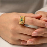 Stainless Steel CZ Malachite Eye Engagement Ring for Women