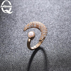 Moon Pearl CZ Rhinestones Adjustable Rings for Women Wedding