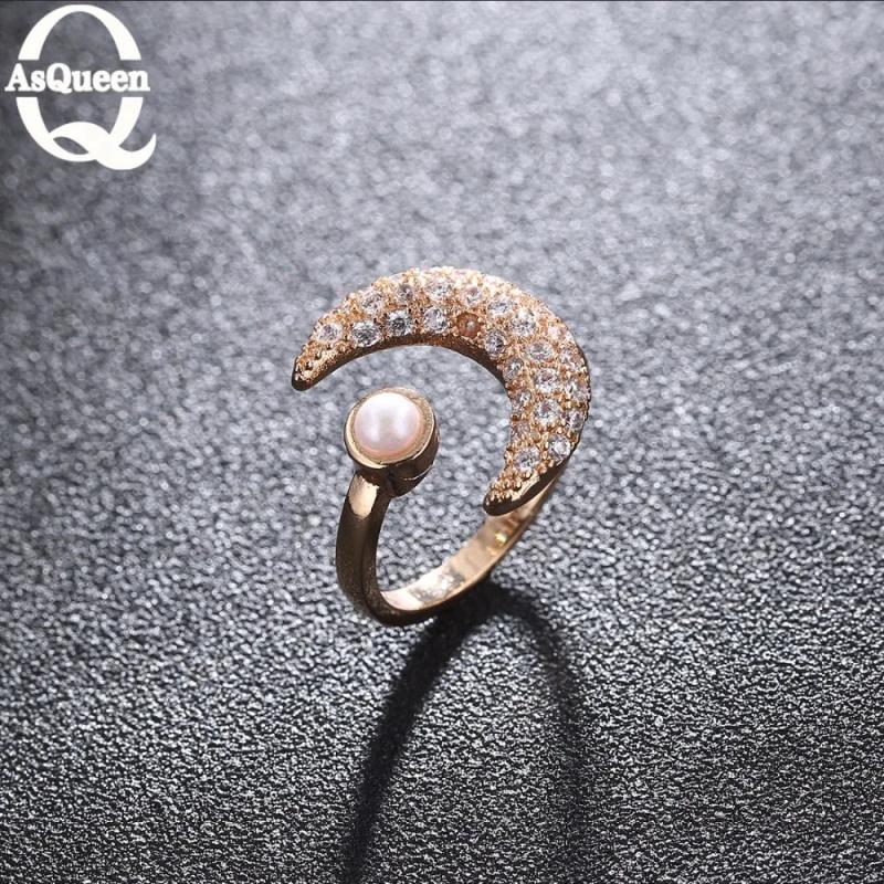 Moon Pearl CZ Rhinestones Adjustable Rings for Women Wedding