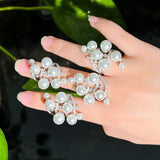 Pearls Charm CZ Silver Open Resizable Rings Women Wedding Bands