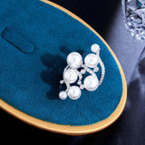 Pearls Charm CZ Silver Open Resizable Rings Women Wedding Bands