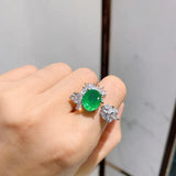 Paraiba Simulation Emerald Open Rings Silver CZ Inlay Wedding Bridal Ring