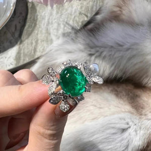 Vintage Oval Simulated Emerald Ring Silver Leaves Open Rings for Women