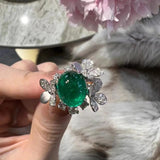 Vintage Oval Simulated Emerald Ring Silver Leaves Open Rings for Women