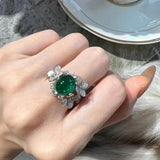 Vintage Oval Simulated Emerald Ring Silver Leaves Open Rings for Women