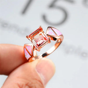 Vintage Square Crystal Stone Ring Classic Wedding Rings Pink Opal Engagement