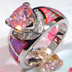 Female Pink Fire Opal Ring Silver Triangle Ring Wedding Band