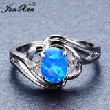Vintage Blue/White Fire Opal Ring Silver Wedding Jewelry