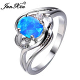 Vintage Blue/White Fire Opal Ring Silver Wedding Jewelry