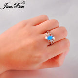 Vintage Blue/White Fire Opal Ring Silver Wedding Jewelry