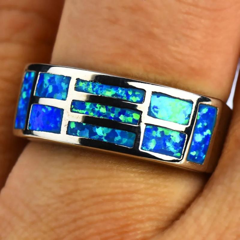 Boho Fire Opal Stone Ring Silver Wedding Band Promise Ring