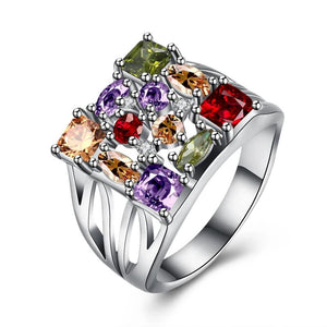 Colorful Crystal Silver Rings For Women Square Zircon Promises Ring