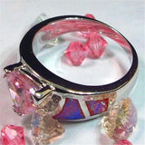 Pink Fire Opal Ring Silver Triangle Wedding Band Engagement Promise Ring