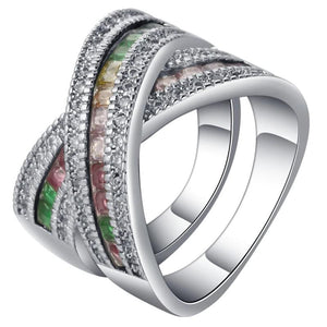 Colorful CZ Cross Ring Vintage Zircon Silver Filled Size 6-10