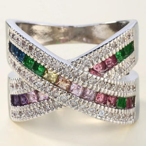 Colorful CZ Cross Ring Vintage Zircon Silver Filled Size 6-10