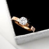 Titanium Steel Rings For Women Classic Uplifted 6 Prong Round Cubic Zirconia