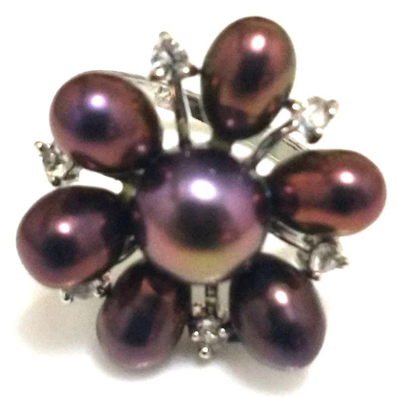 Button & Rice Pearl Flower Ring with Zirconia