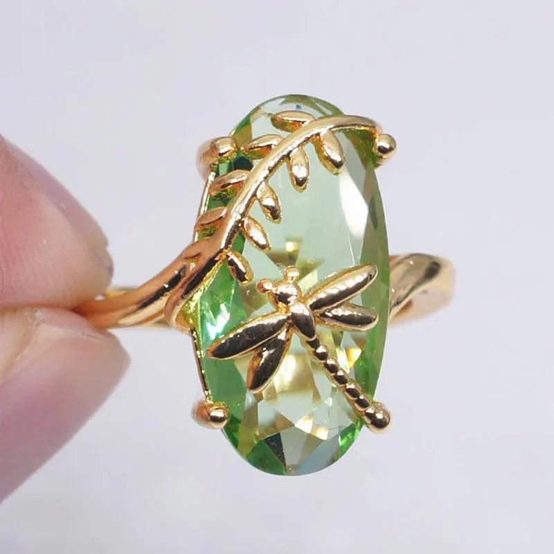 Dragonfly Twine Olive Green Ring Princess Crystal Ring