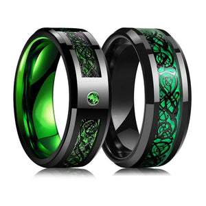 Tungsten Celtic Dragon Ring Green Zircon Punk Stainless Steel Carbon Fibre