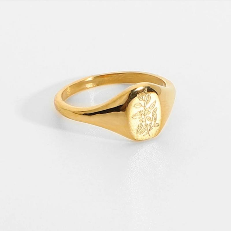 Engraved Stainless Steel Wildflower Signet Ring