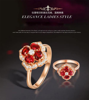 Romantic Rose Plated Flower Ring Red Gems Crystal Zircon Wedding Bridal Jewelry