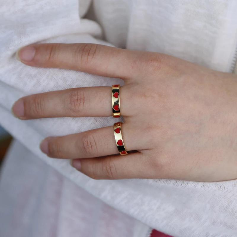 Red Enamel Heart Band Engagement Rings Plated Wedding Jewelry