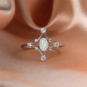 Vintage Crystal Wedding Ring Fire Opal Stone Silver Engagement Ring